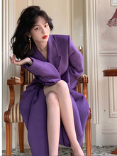 高级感超好看冬季呢子大衣女韩剧女主穿搭赫本中长款紫色毛呢外套