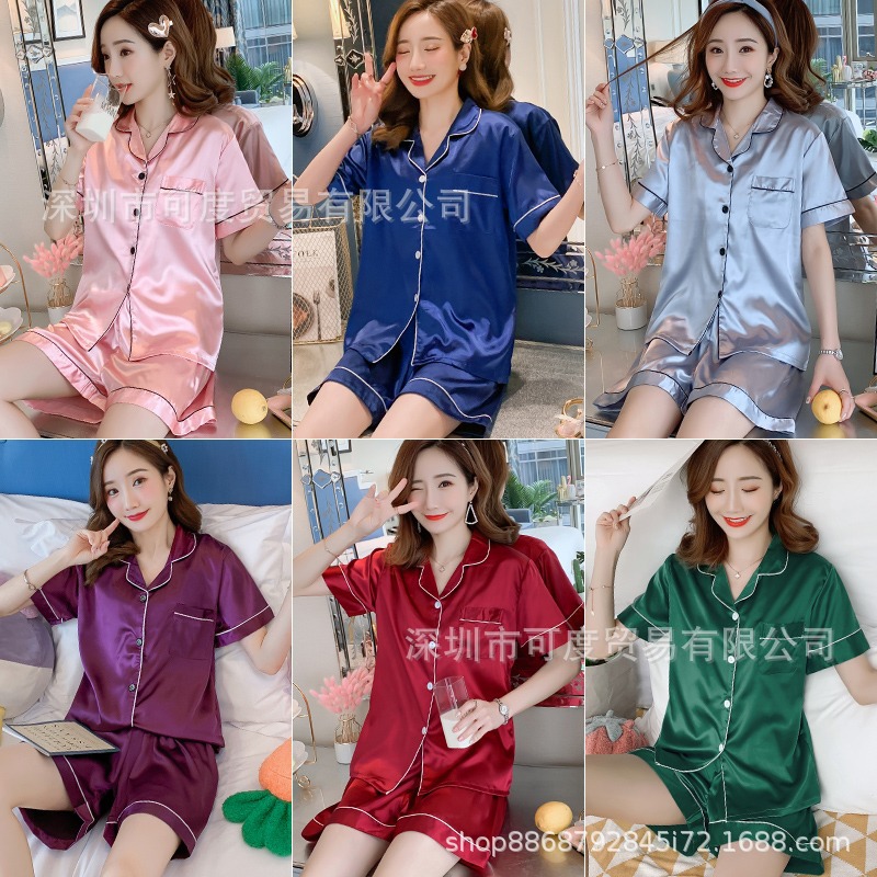 Tiktok Cross-Border Hot Summer Short Sleeve Ice Silk Solid Color Pajamas Women's Loose Artificial Silk Homewear Wholesale