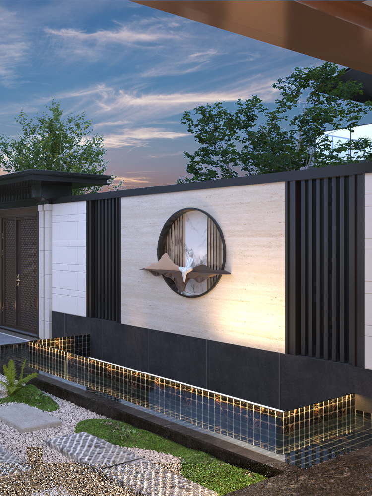 新中式铝艺庭院入户隔断不锈钢假山迎门墙别墅园林户外屏风影壁墙