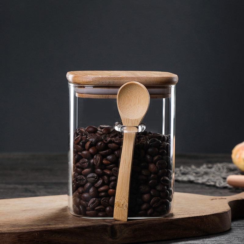 Japanese-Style Square Glass Sealed Can Household Coffee Bean Storage Tank Kitchen Wooden Spoon with Spice Jar Food Storage Jar