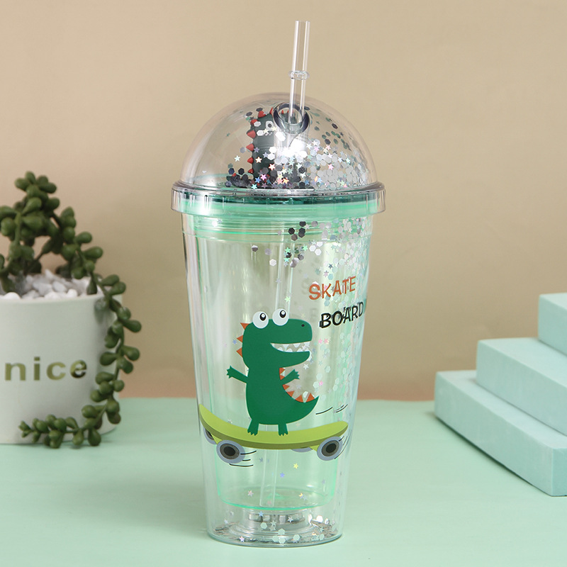 New Cartoon Double-Layer Plastic Cup Creative Dinosaur Doll Water Cup Men and Women Student Straw Cup with Lights