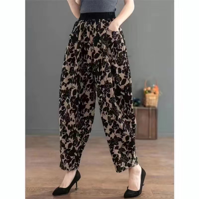 夏季新款印花哈伦裤女精选棉麻面料花苞裤宽松文艺复古大码休闲裤