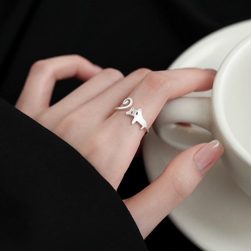 925 Cat Ring Women's Special-Interest Design Light Luxury Ring Spring Index Finger Ring Self-Discipline Open Ring