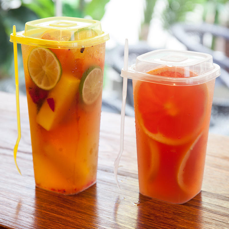 92口径一次性注塑四方奶茶杯塑料杯冷饮杯大容量1000ml带盖水果叉
