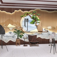 新中式禅意水墨山水壁画中国风迎客松墙布茶室墙纸茶艺馆客厅壁纸