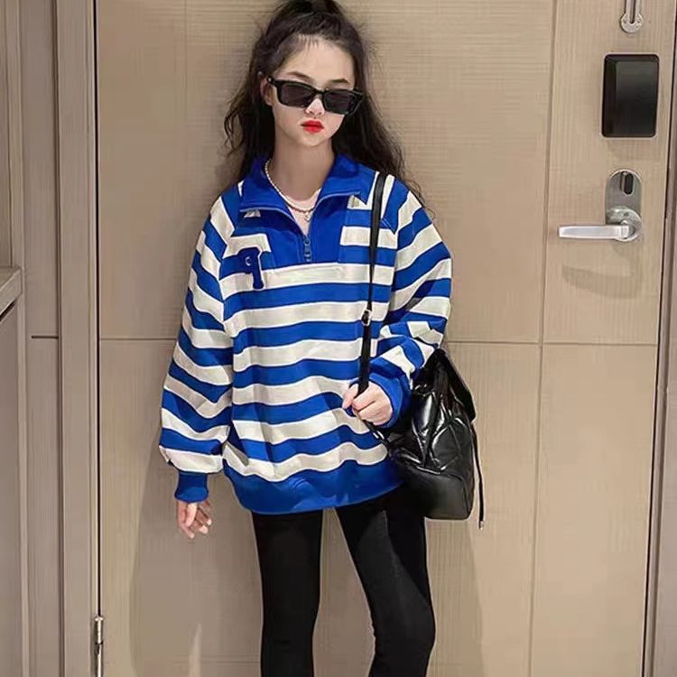 女童卫衣童装2023春装新款中大童韩版春秋款洋气百搭条纹上衣时髦