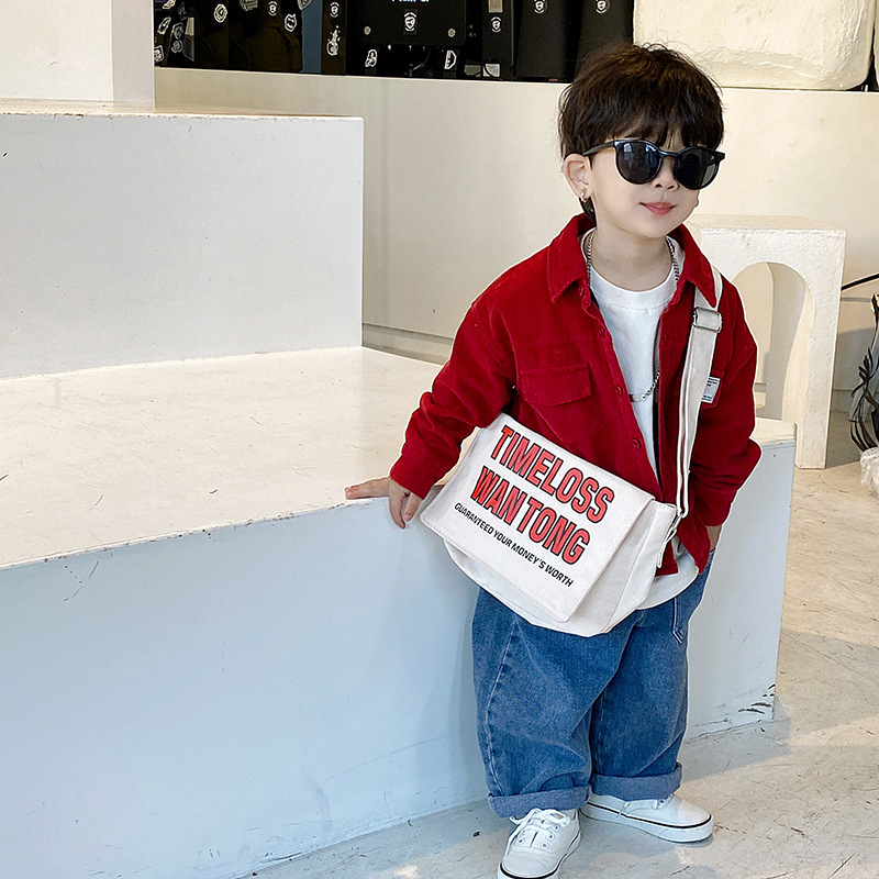 Children's Letter Crossbody Bag Cute Boys out Canvas Bag Kindergarten Trendy Cool Boys and Girls Large Capacity Shoulder Bag