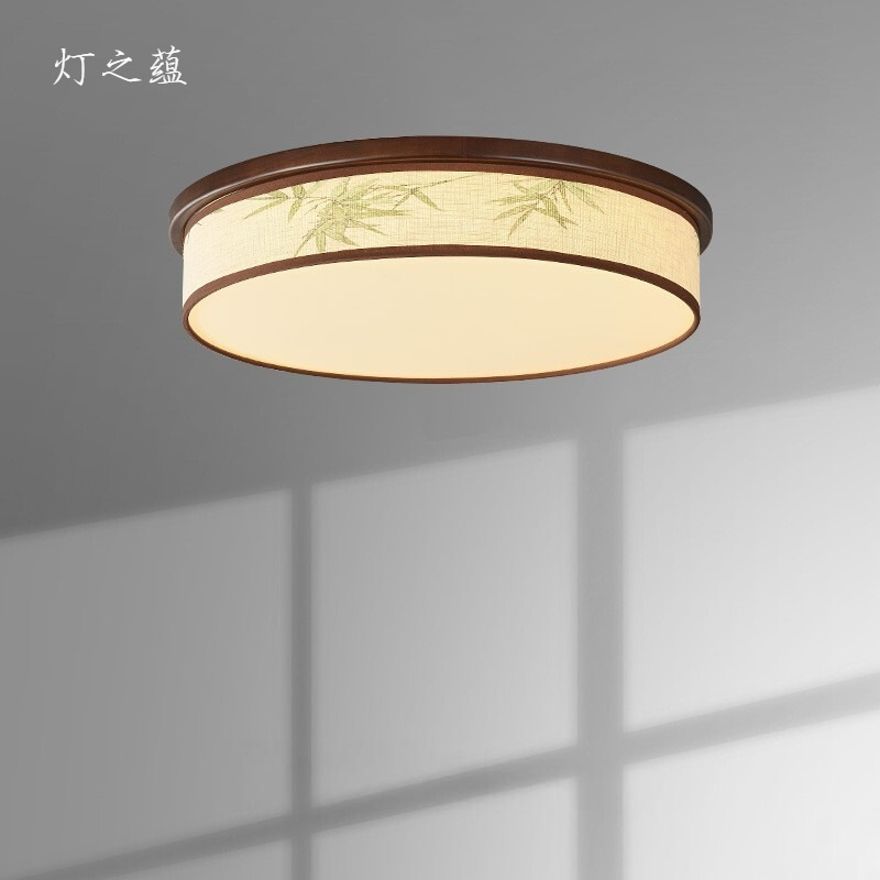宋代美学东方家居装修风圆形卧室吸顶灯实木禅意竹叶主卧书房间灯