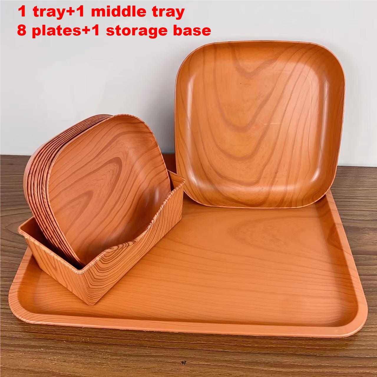 Creative Plastic Wood Grain Tray Set Household Bone Dish Fruit Plate Snack Dish Afternoon Tea Tray Dining Table Bone Dish