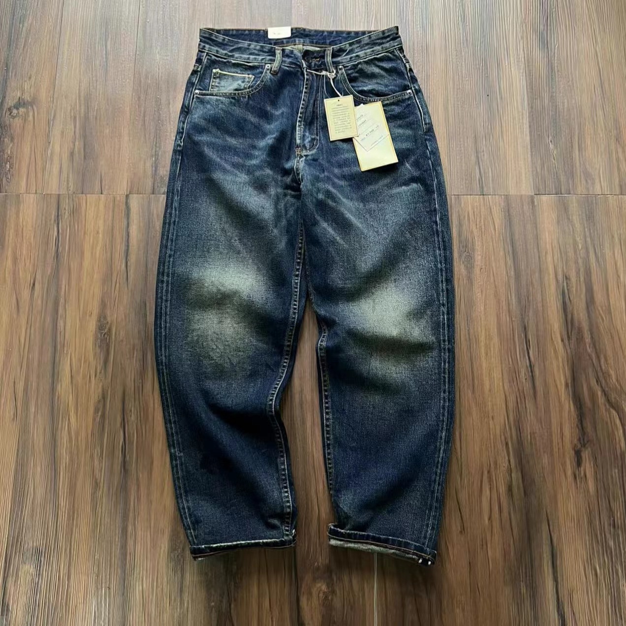 日潮复古赤耳丹宁牛仔裤男重磅纯棉水洗做旧磨白宽松