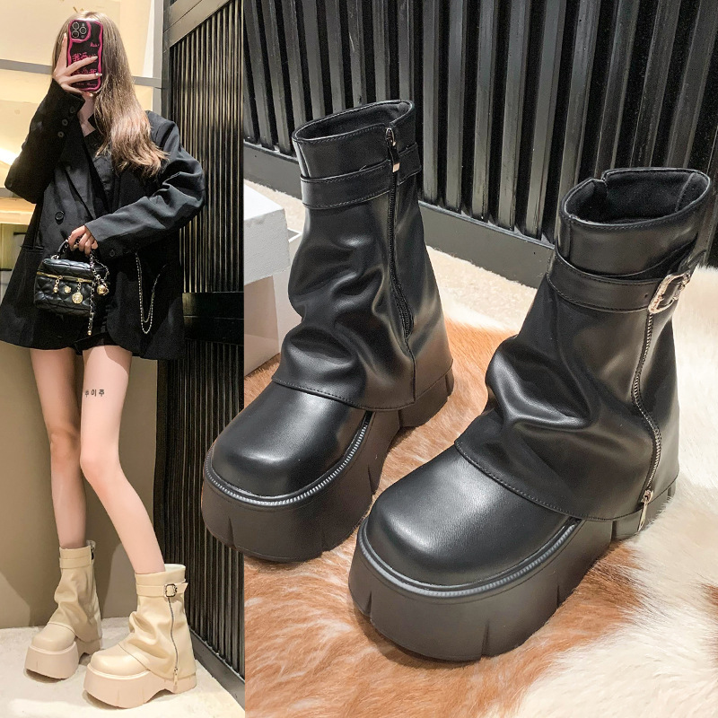 网红厚底裤管靴女2023冬季新款英伦风时尚皮带扣高跟小个子短靴