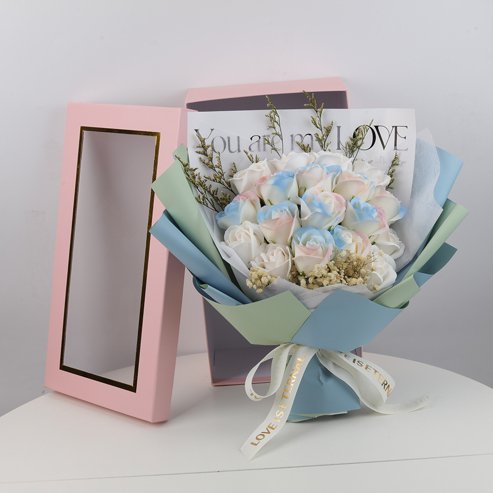 Foreign Trade Valentine's Day Finished Product Ice Crushing Blue Rose Soap Bouquet Gift Box Hand Bouquet Starry Sky Dried Flower Eternal Flower