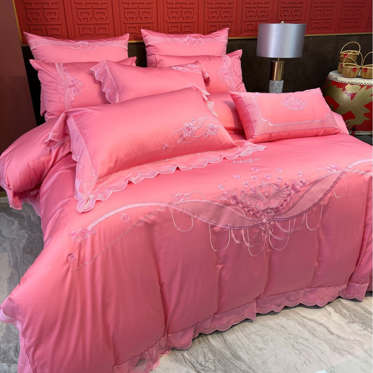 高级感100支长绒棉刺绣四件套全棉纯棉床单粉色被套床