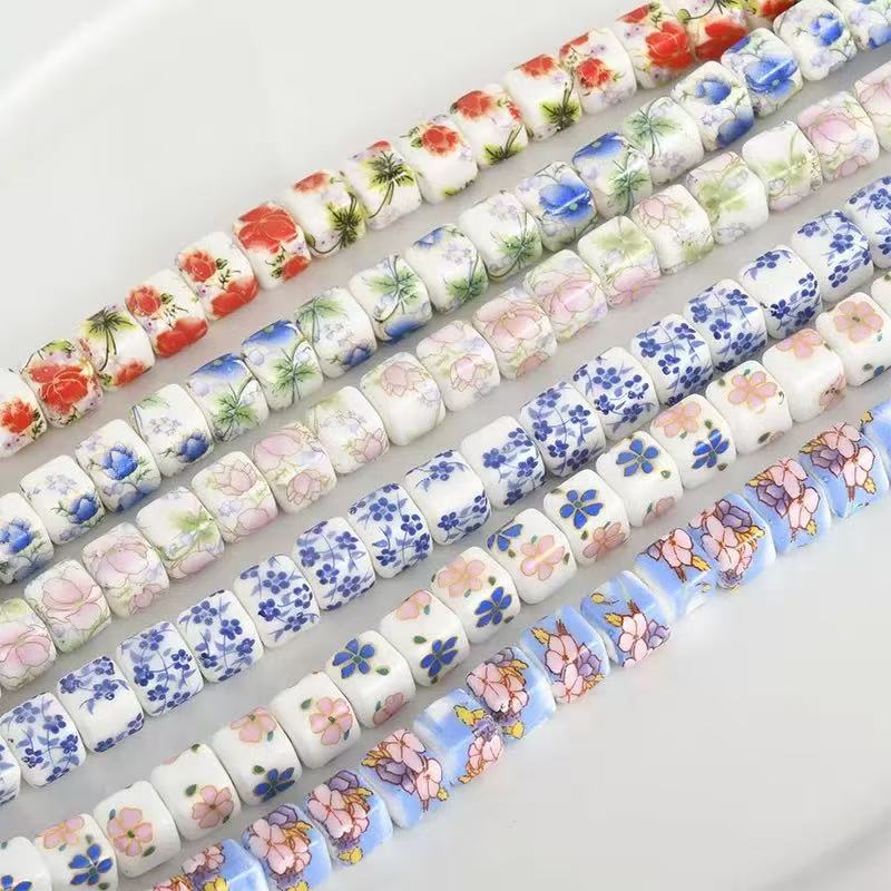 青花瓷方形陶瓷珠子DIY手工红绳编织手机链手链项链DIY饰品配件