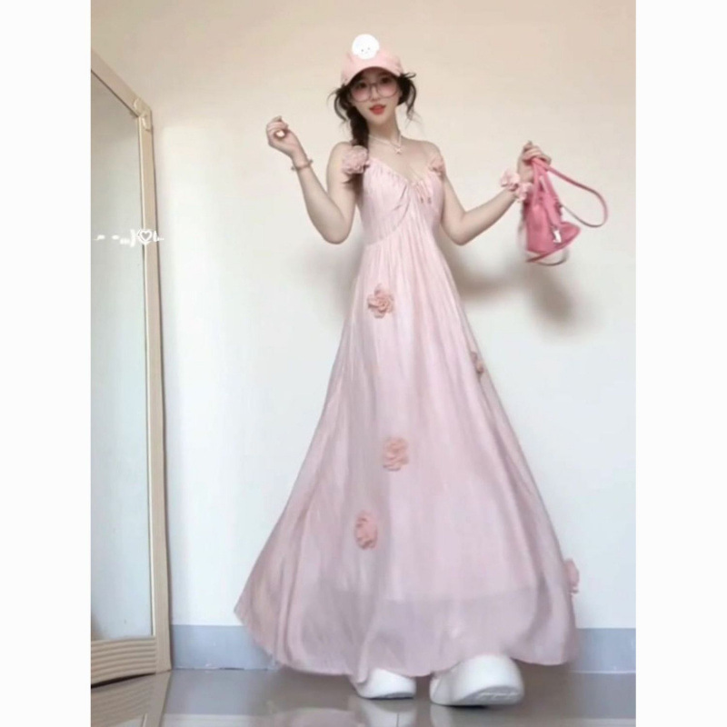 大码法式粉色花朵露背吊带连衣裙夏季新款绝美显瘦长裙遮肚子
