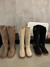 高跟绒面骑士长筒靴女鞋2023新款秋冬季中筒堆堆靴美式复古长靴子