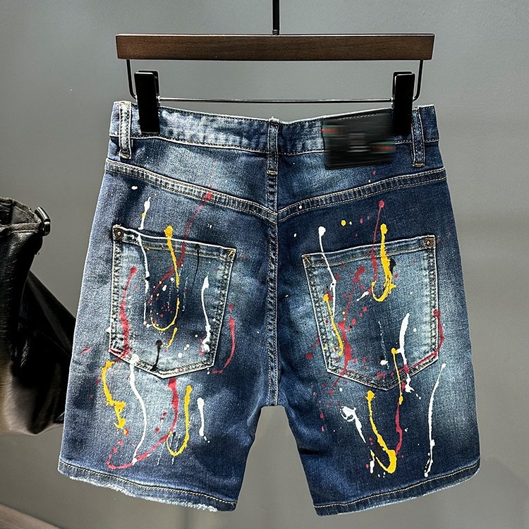 夏季破洞短裤男装韩版直筒微弹泼墨涂鸦牛仔五分裤日系帅气裤子男