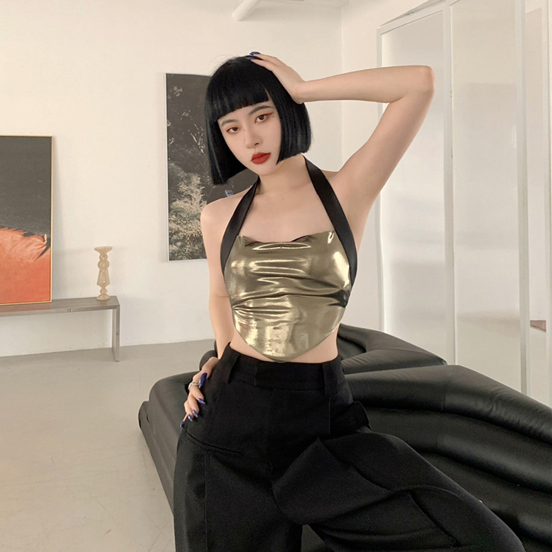 领带挂脖倒三角吊带背心女2022夏季新款短款修身显瘦气质露背上衣