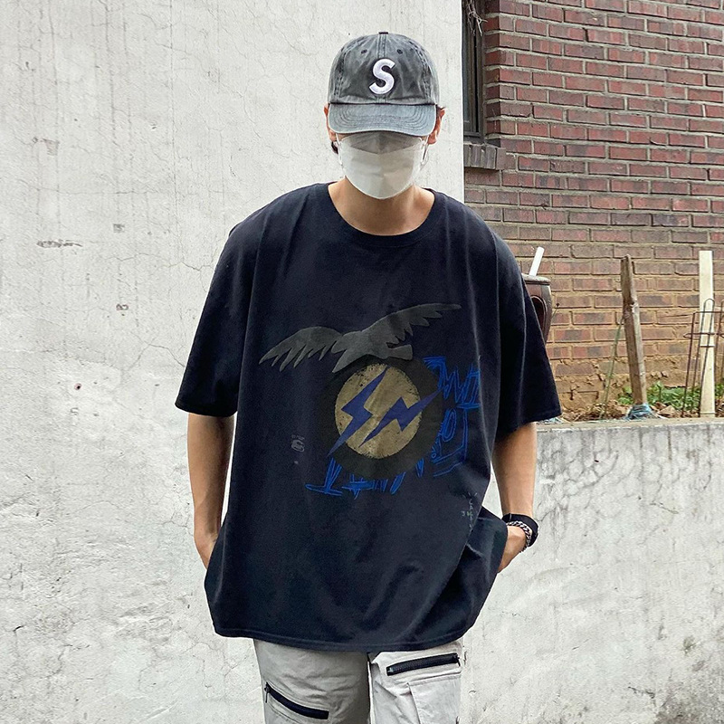 男装潮牌欧美侃爷 cactus jack 联名滕原浩闪电标发泡印花短袖t恤