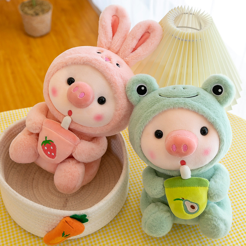 Pink Rabbit Fur Fabric Milk Tea Pig Plush Toy Piggy Doll Female Birthday Present Ragdoll