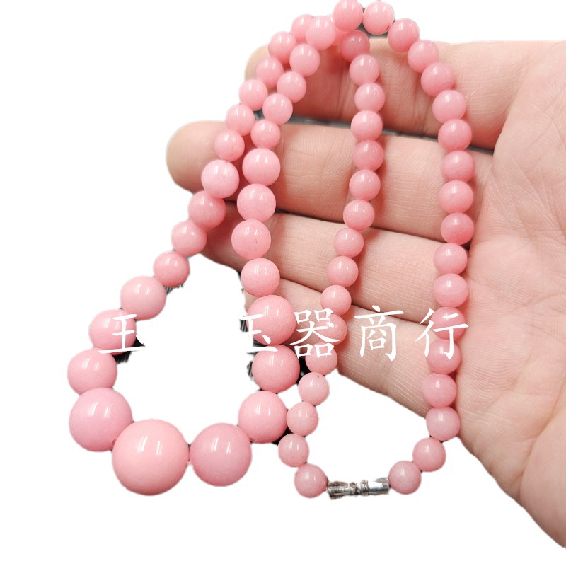 桃花玉圆珠玉石项链粉色石英岩玉塔链女款锁骨项链玉珠链批发