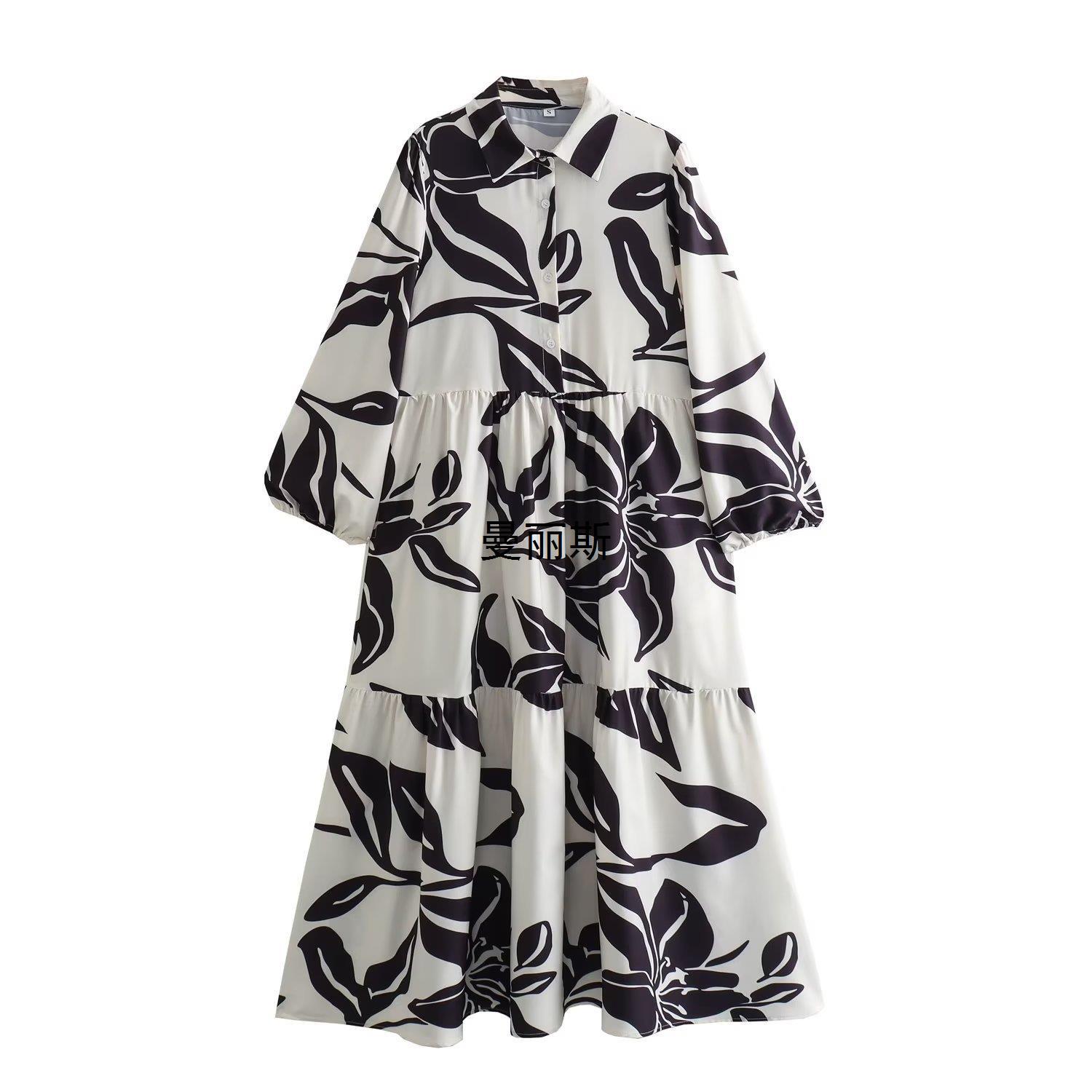 2024秋外贸女装女装新款长袖黑白水墨印花宽松衬衫式大摆裙-阿里巴巴