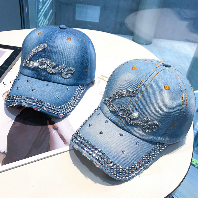 Baseball Cap Female Five-Pointed Star Letter Rhinestone Denim Peaked Cap Spring and Summer New Sunscreen Sun Hat Wholesale