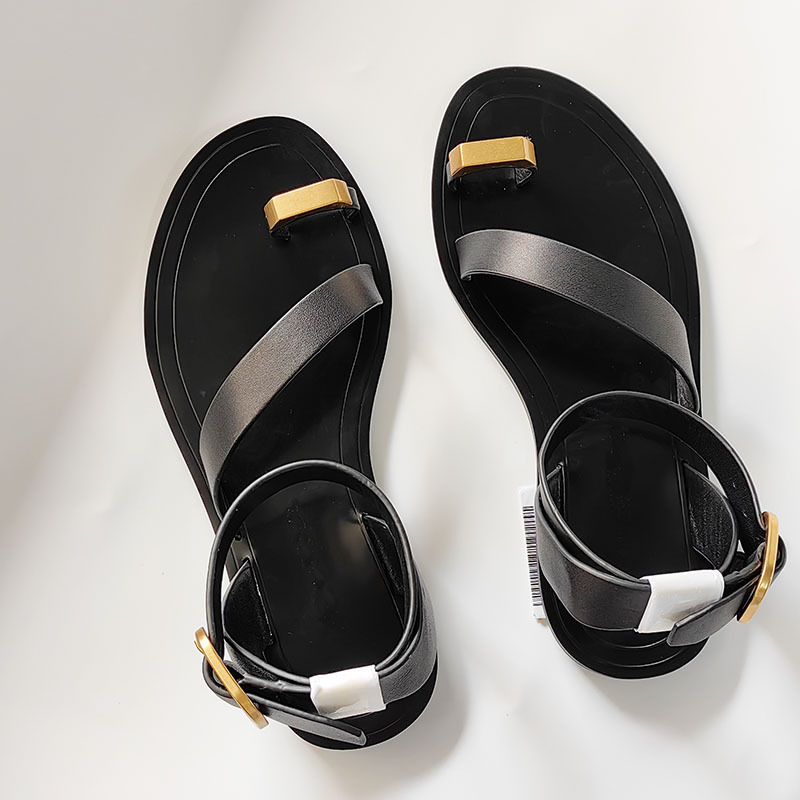 Summer New Women's Shoes First Layer Cowhide Toe Covering One-Strap Metal Decorative Flat Flip-Flops Open Toe Casual Sandals