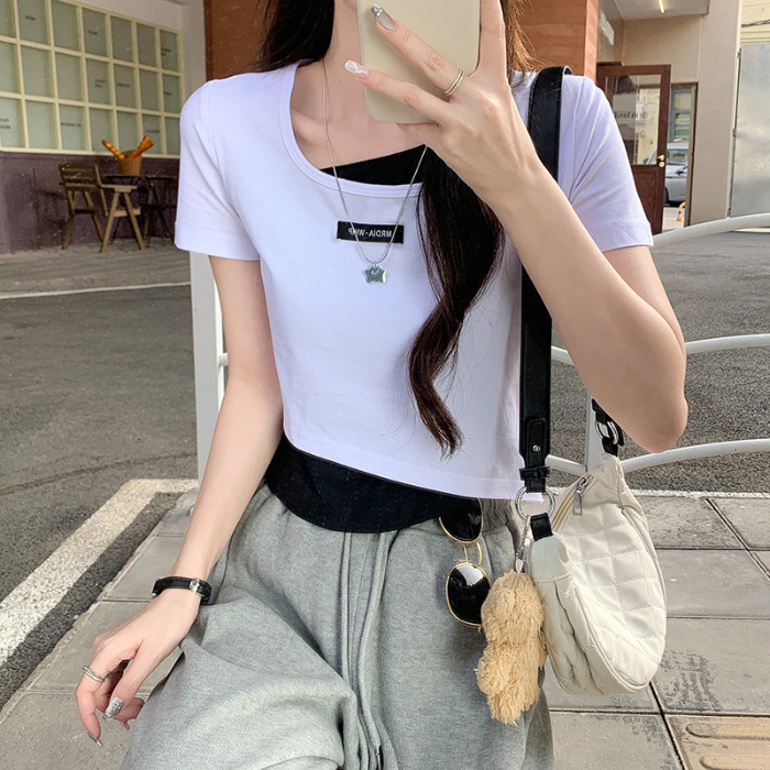 Fake Two-Piece Cotton T-shirt Women Short Sleeve 2023 New Summer Half Sleeve Shoulder Short Design Sense Square Collar Top