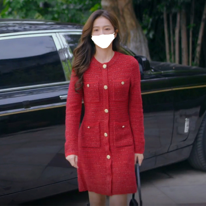 以爱为营白鹿郑书意同款衣服红色毛呢连衣裙女秋季显瘦小香风裙子