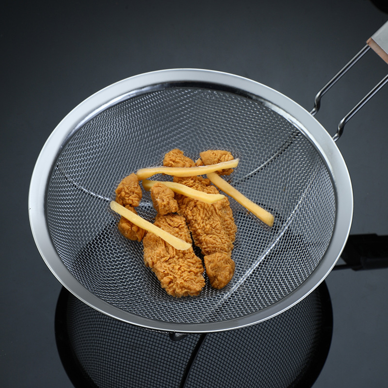 Strainer Oil Grid Spoon Thickened Stainless Steel Wooden Handle Hanging Line Oil Leakage French Fries Chicken Wings Strainer Spoon