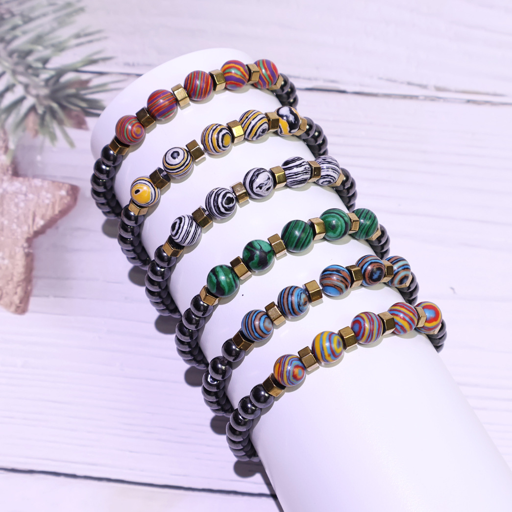 跨境热销天然石手链孔雀石圆珠弹力手链铁矿石女士复古手串套装