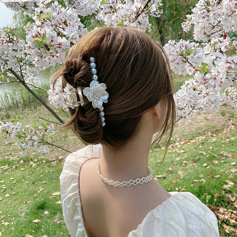 Korean Style Elegant Graceful Camellia Hair Accessories Pearl Cross Updo Hairpin High Sense Internet-Famous Hair Clip Grip