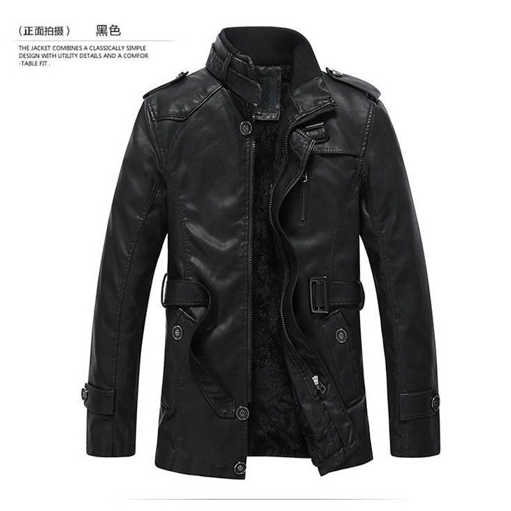 速卖通货源男式立领皮衣中长款欧美外贸原单加绒加厚机车仿皮夹克