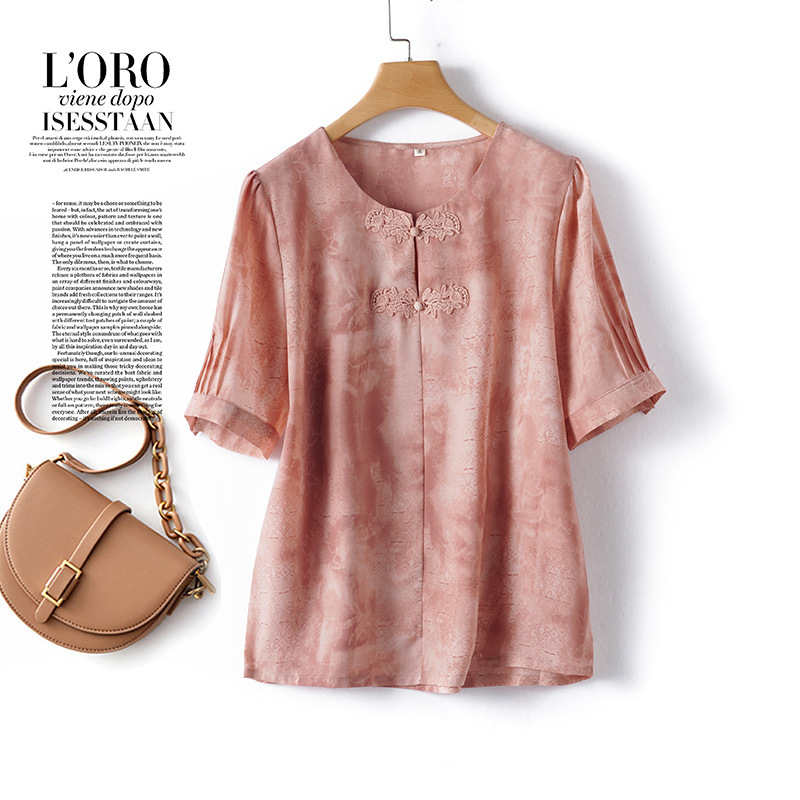 2024夏季新款中式盘扣杭州丝绸真丝短袖衬衫女tt恤小衫桑蚕丝上衣