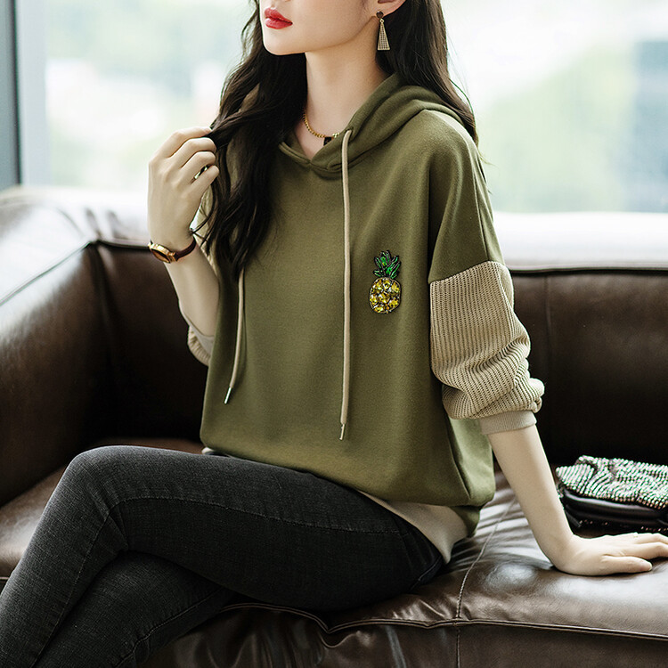 秋季休闲撞色连帽卫衣女短款秋装新款洋气绿色长袖上衣宽松-阿里巴巴