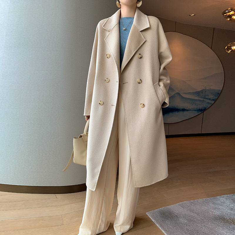 2023秋冬新款双面呢水波纹羊毛大衣女中长款通勤双排扣毛呢外套女