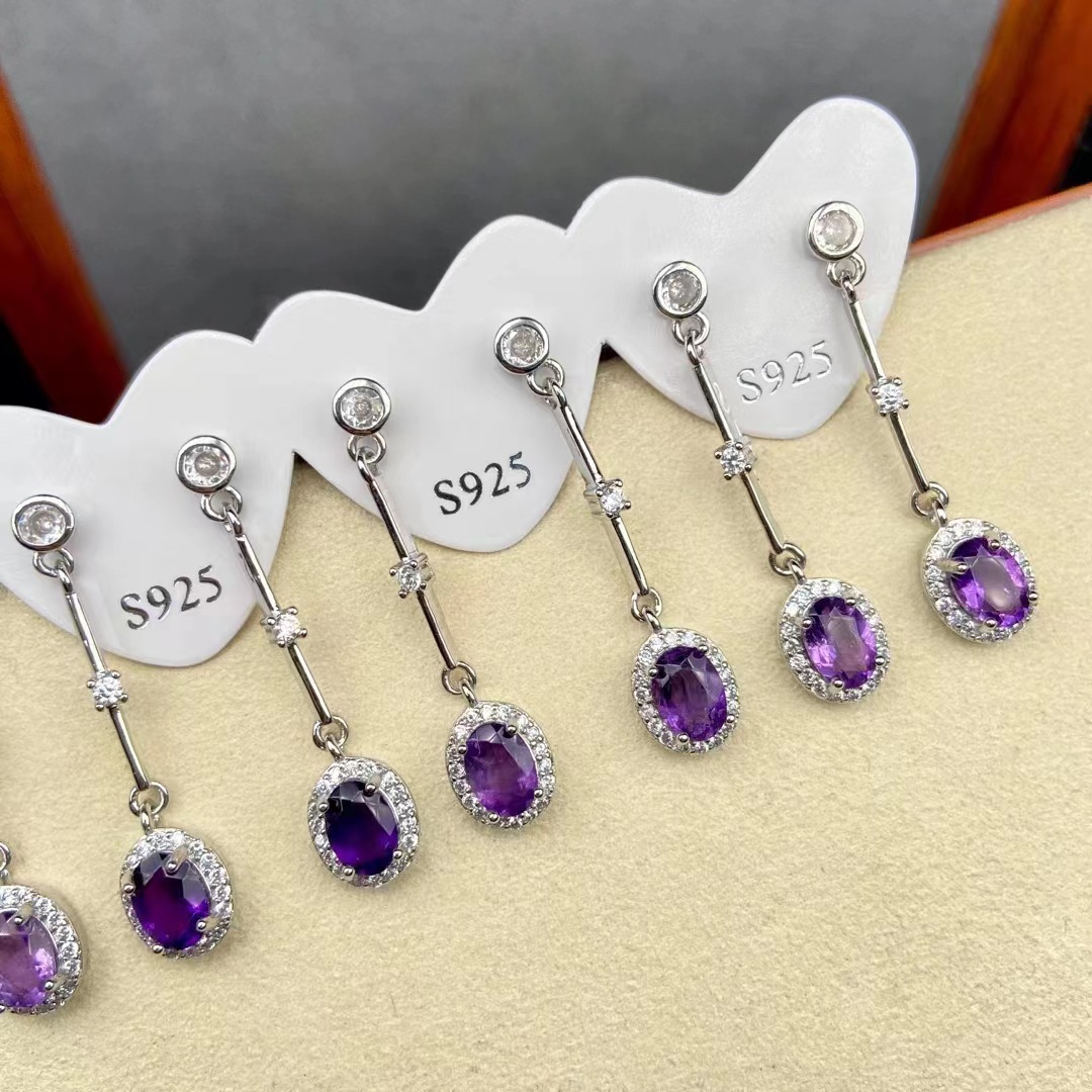 天然紫水晶耳环s925镀银日韩时尚个性宝石简约耳坠耳钉礼物送女友
