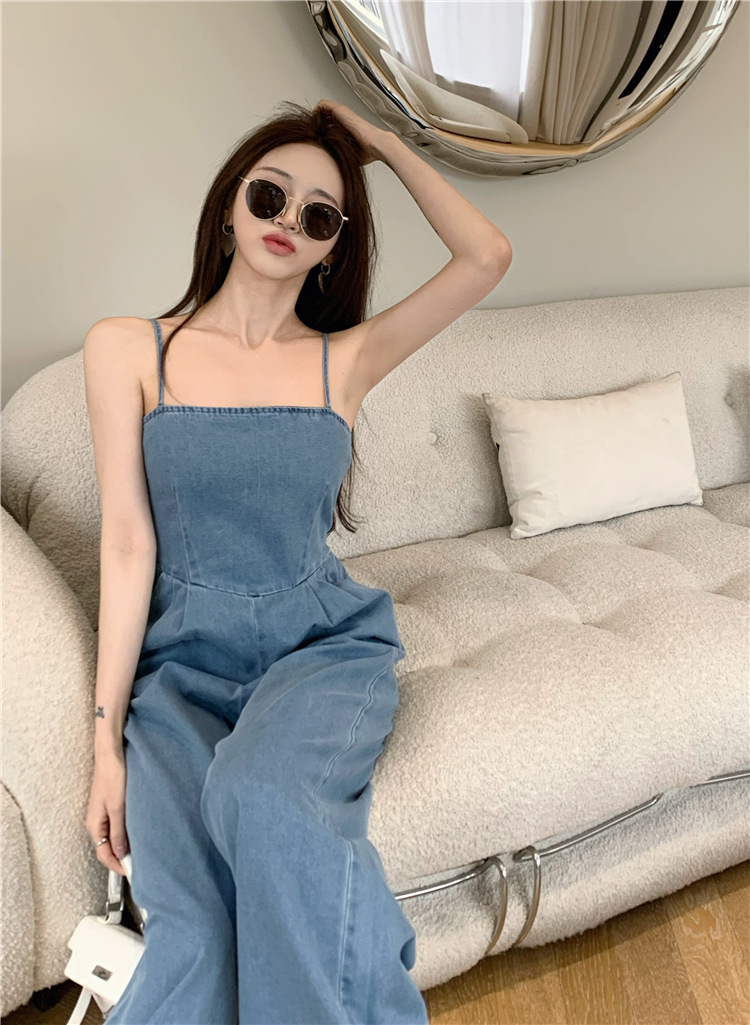 套装女2022夏季牛仔吊带连体裤阔腿裤 百搭宽松衣衬衫两件套