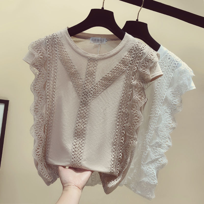 镂空钩花短袖雪纺衫图片