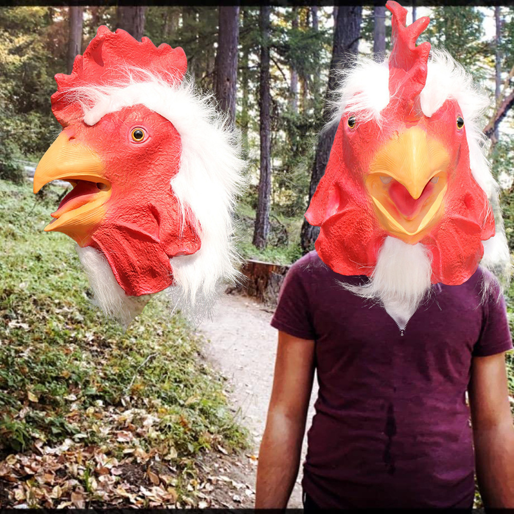 新款鸡头万圣节跨境热销乳胶面具白毛公鸡生肖鸡动物头套面具