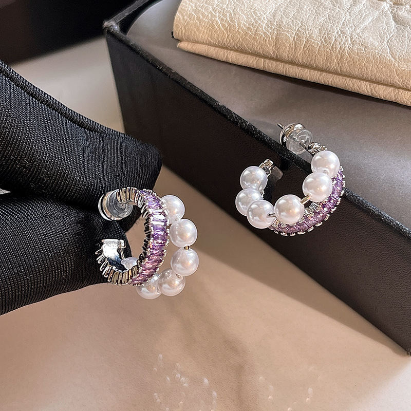 light luxury minority high-grade pearl earrings earrings s925 sterling silver needle classic style purple zircon c- shaped earrings for women