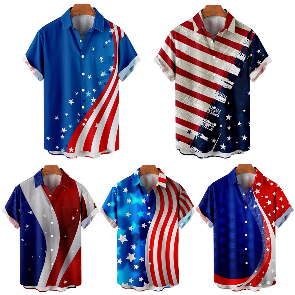 亚马逊独立站欧美夏季大码独立日美国 旗图案印花衬衣 3d印花衬衫