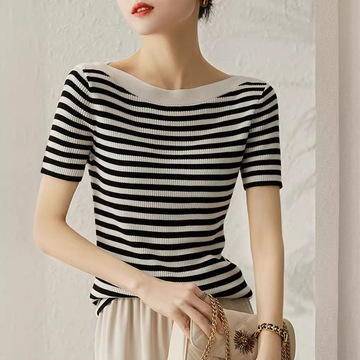 2024夏新款条纹气质薄款短袖冰丝针织衫女显瘦百搭一字领t恤上衣