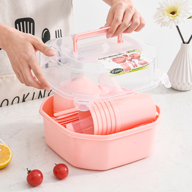 O10 Portable Tableware Pink 47-Piece Set Camping Picnic Plastic Tableware Set Knife, Fork and Spoon