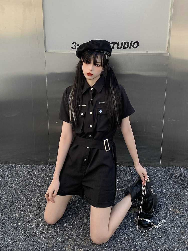 黑色连体裤女2022年夏季薄款炸街帅气高腰工装短裤收腰显瘦连体衣