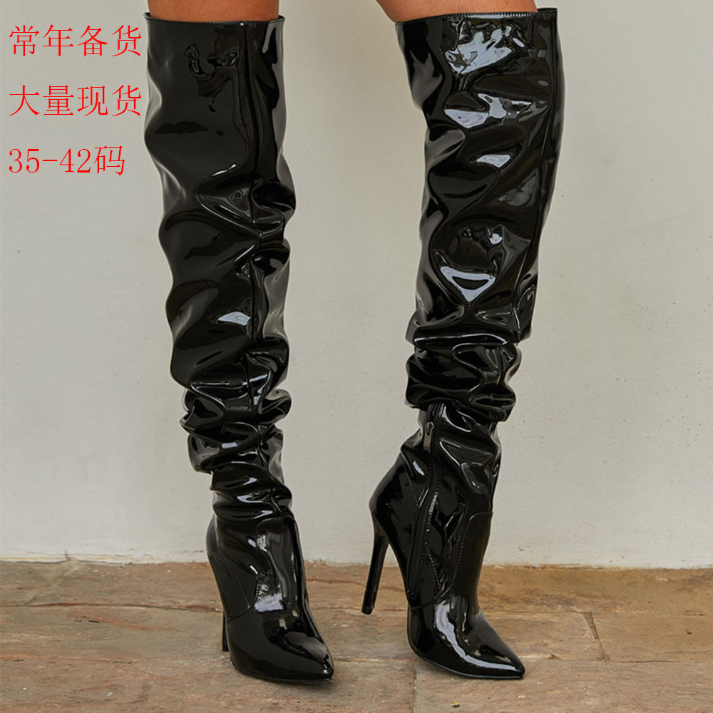 亚马逊2021欧美新款漆皮弹力过膝长靴尖头高筒黑色细跟高跟女靴子