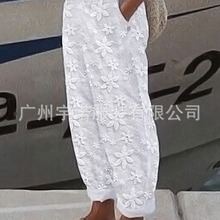 2023欧美亚马逊独立站夏季热卖女士优雅绣花棉麻休闲裤