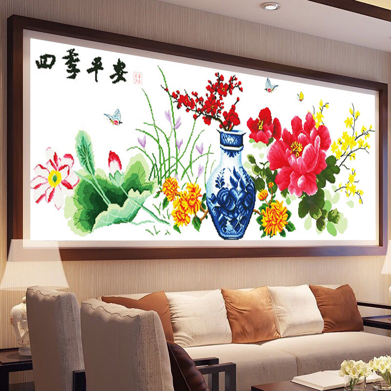 四季平安五福临门十字绣新款客厅餐厅十字绣花瓶牡丹荷花系列大幅