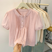 夏季国风感感新中式设计上衣小众休闲宽松短袖粉色衬衫女衬衣高级